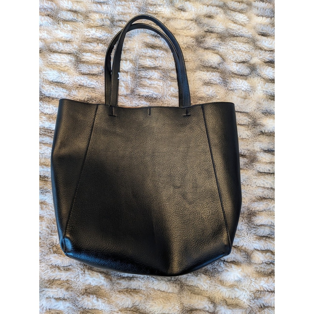 Black Pebbled Faux Leather Tote Bag Work School Cognac Interior Shoulder Bag